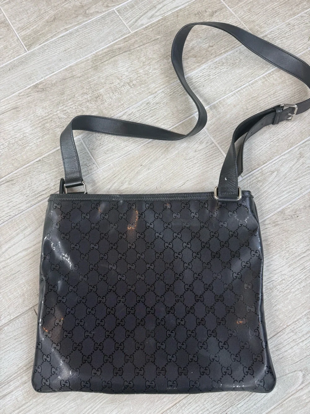 Gucci Black GG Canvas Messenger with Red & Green Stripe- very good cond.